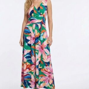 Pappagallo Deep V Cumberbund Waist Sleeveless Floral Multicolor Maxi Dress XS
